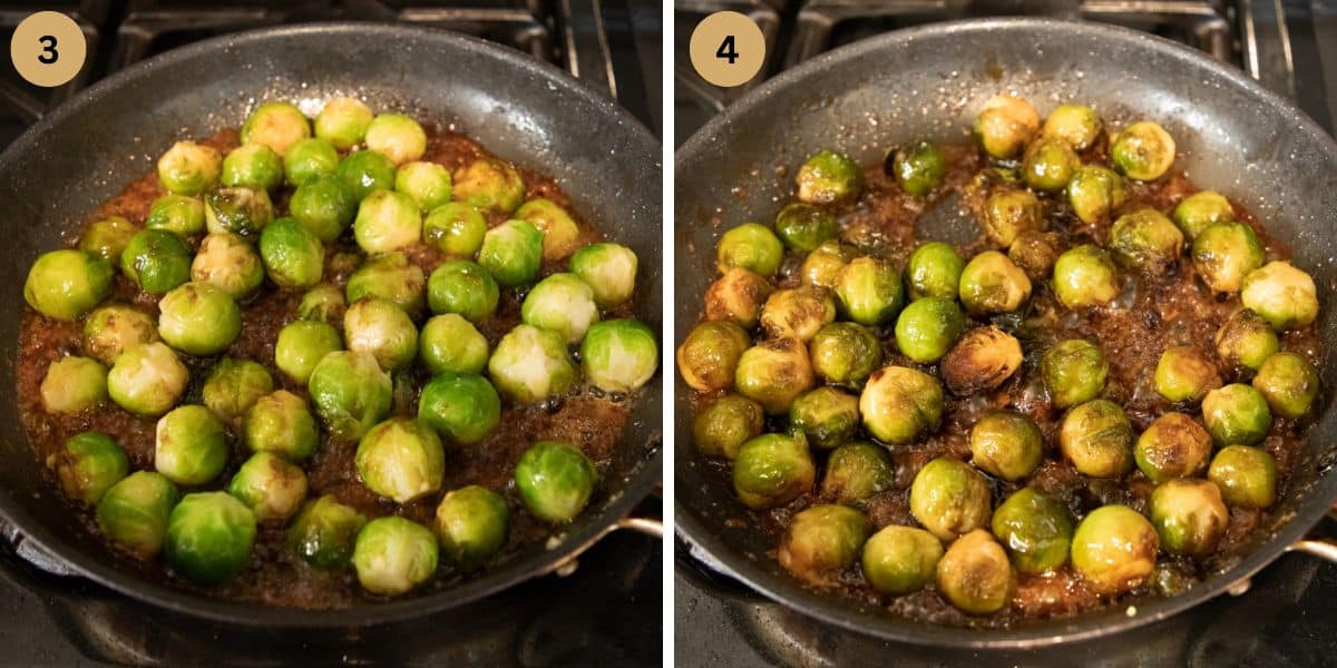 collage of two pictures of caramelizing sprouts in a pan.