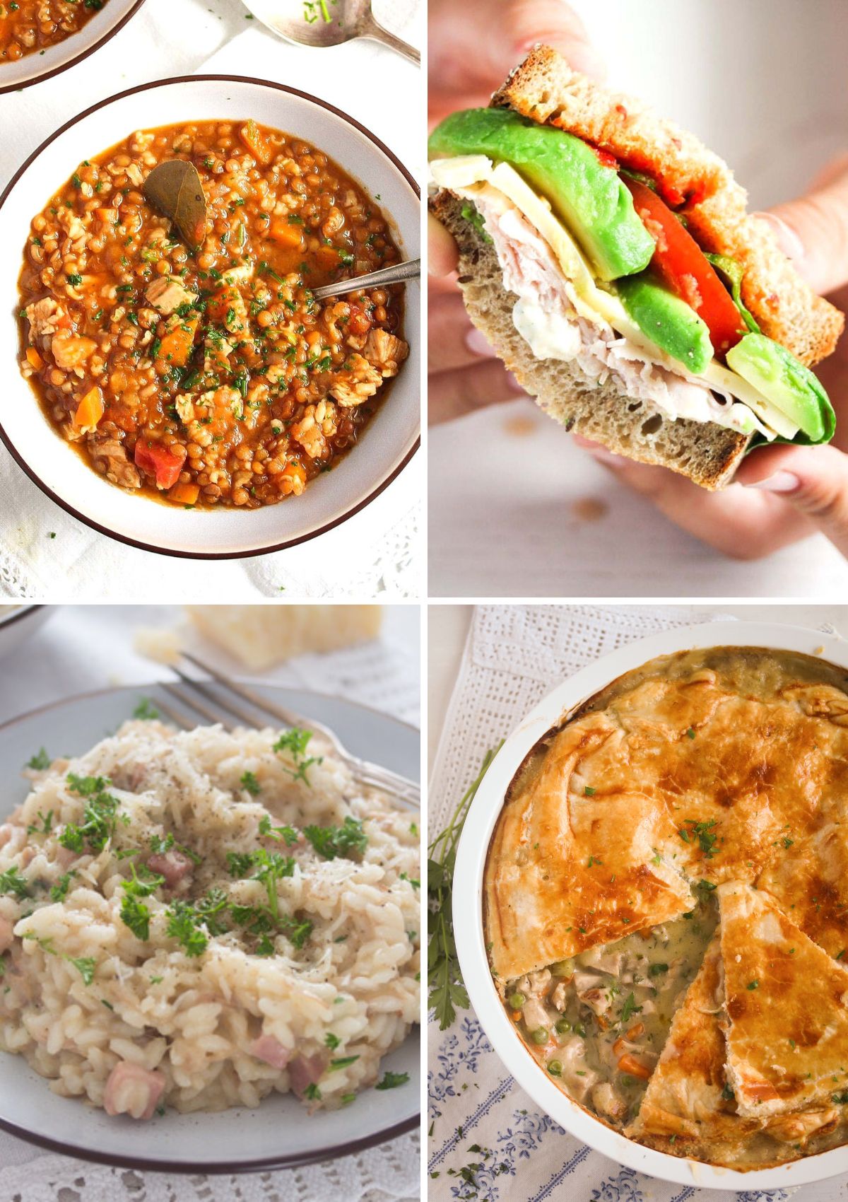 collage of four pictures of soup, pot pie, sandwich and risotto maked with turkey.