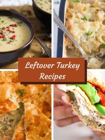 collage of four pictures with title of leftover turkey recipes.