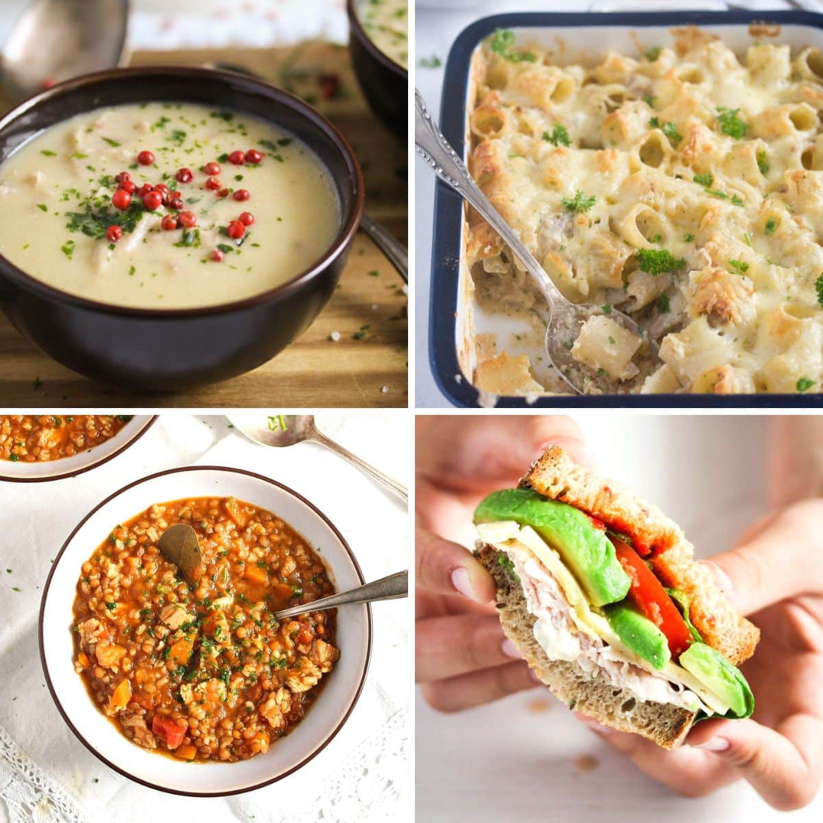collage of four pictures of recipes cooked with leftover thanksgiving turkey.