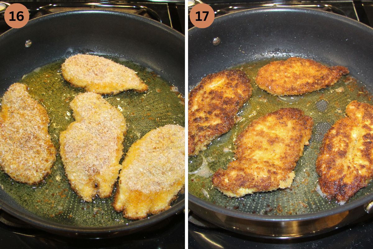 collage of two pictures of frying breaded thin cut chicken.