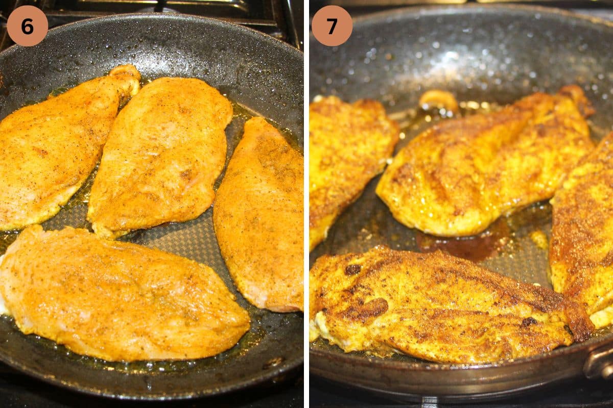 collage of two pictures of pan-frying chicken slices.