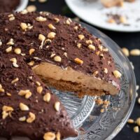 sliced chocolate peanut butter pie showing the creamy filling.