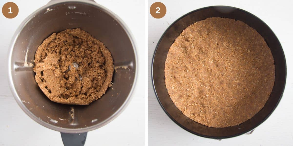 collage of two pictures of making cookie crust in a food processor.