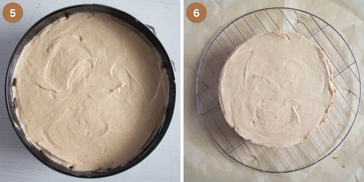 collage of two pictures of set cream cheese pie in a springform and on a rack.