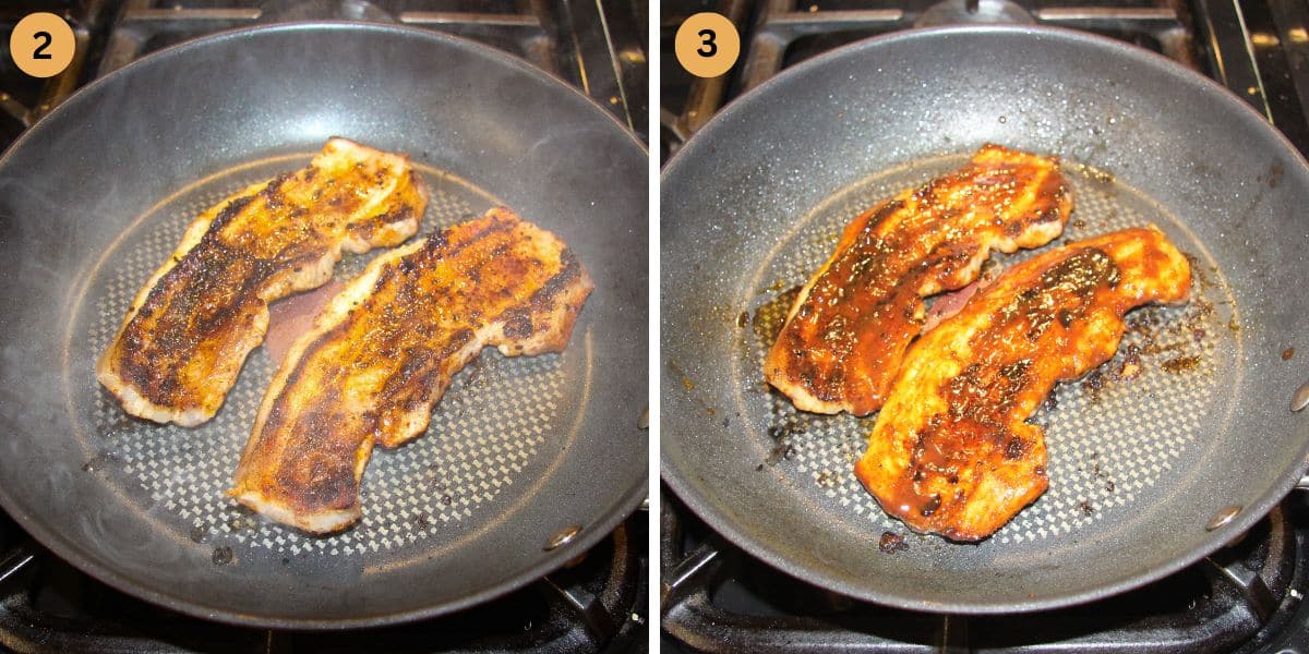 collage of two picture of frying belly slices in a nonstick pan.