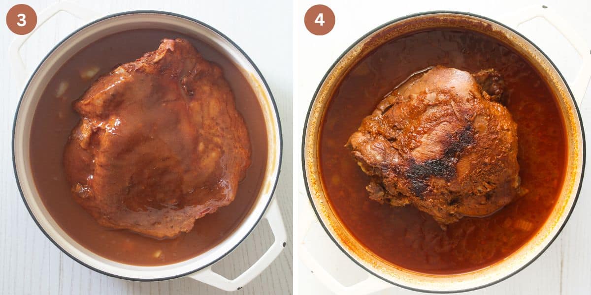 collage of two pictures of pulled turkey before and after cooking in dutch oven.