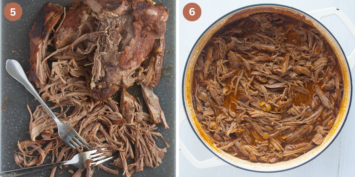 collage of two pictures of shredded turkey on a board and in a dutch oven.