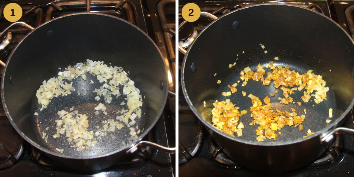 collage of two pictures of cooking onions with curry powder in a pot.