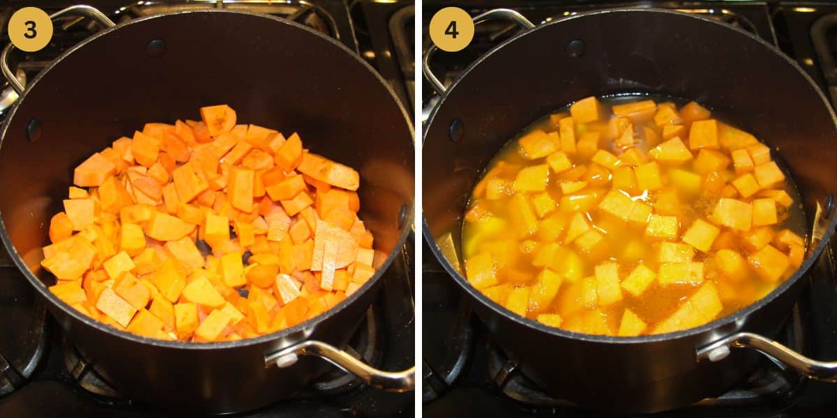 collage of two pictures of sauteing sweet potatoes in a pot and adding stock.