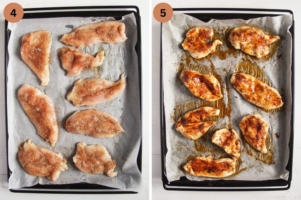 collage of two pictures of unbaked and baked sliced chicken on a baking sheet.