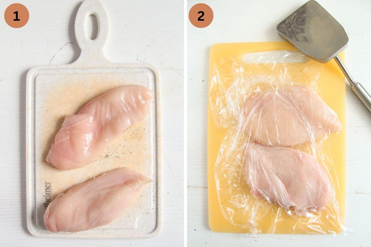 collage of two pictures of slicing and pounding chicken breast slices.