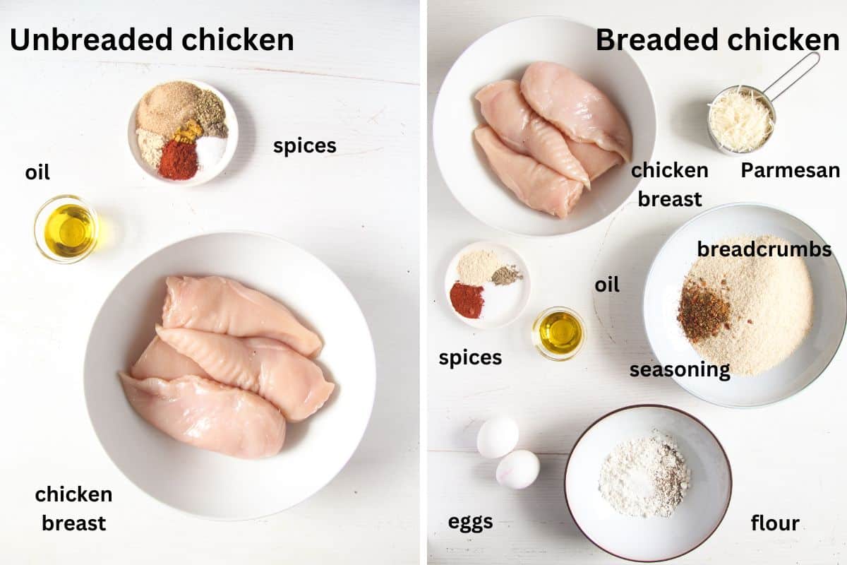 collage of two pictures of ingredients for cooking unbreaded or bread chicken breast.