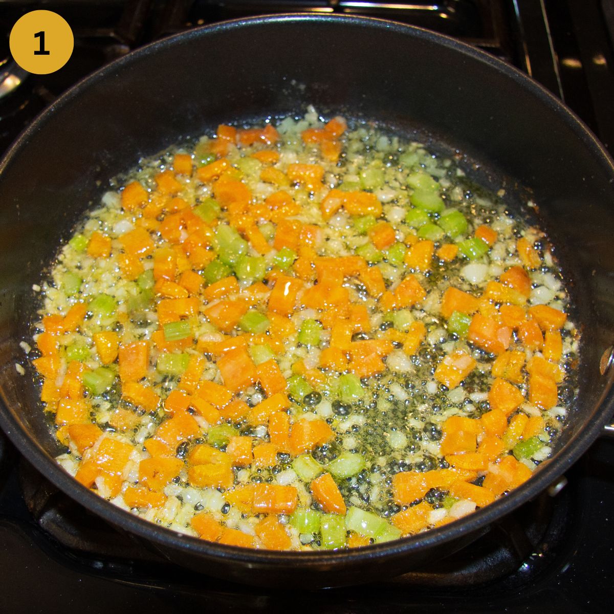 saute carrots, celery and onion in a saucepan.