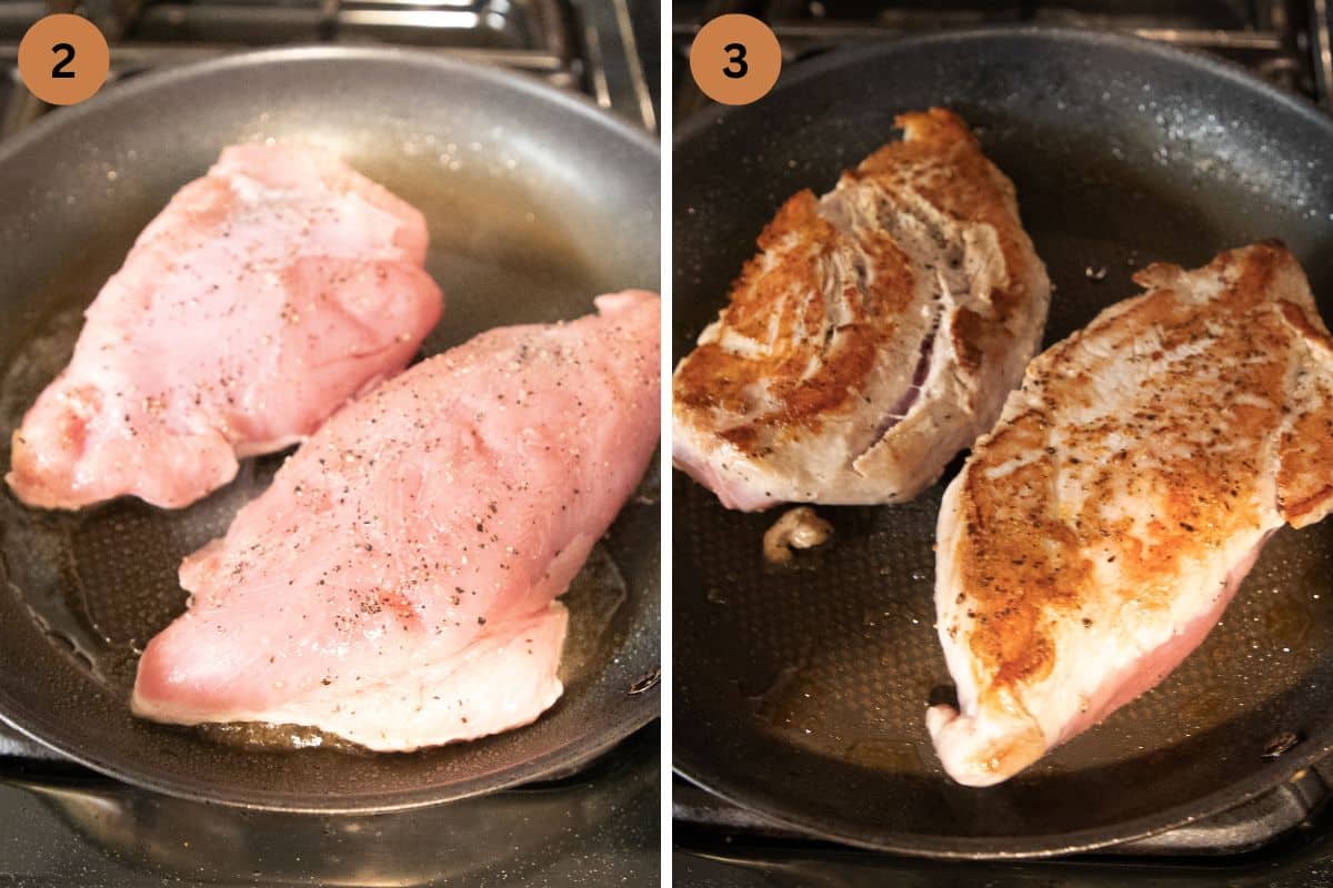 collage of two pictures of searing two turkey breast pieces in a pan.