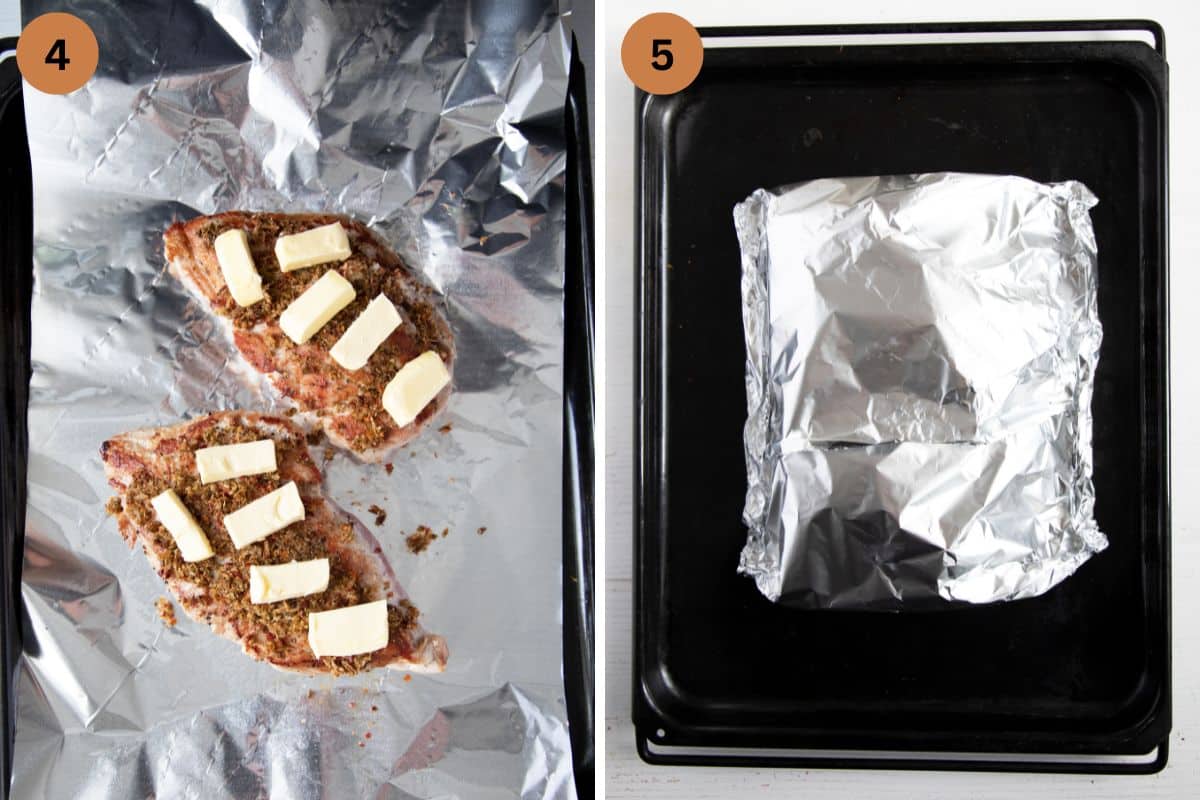 collage of two pictures of topping turkey pieces with butter and wrapping in foil.