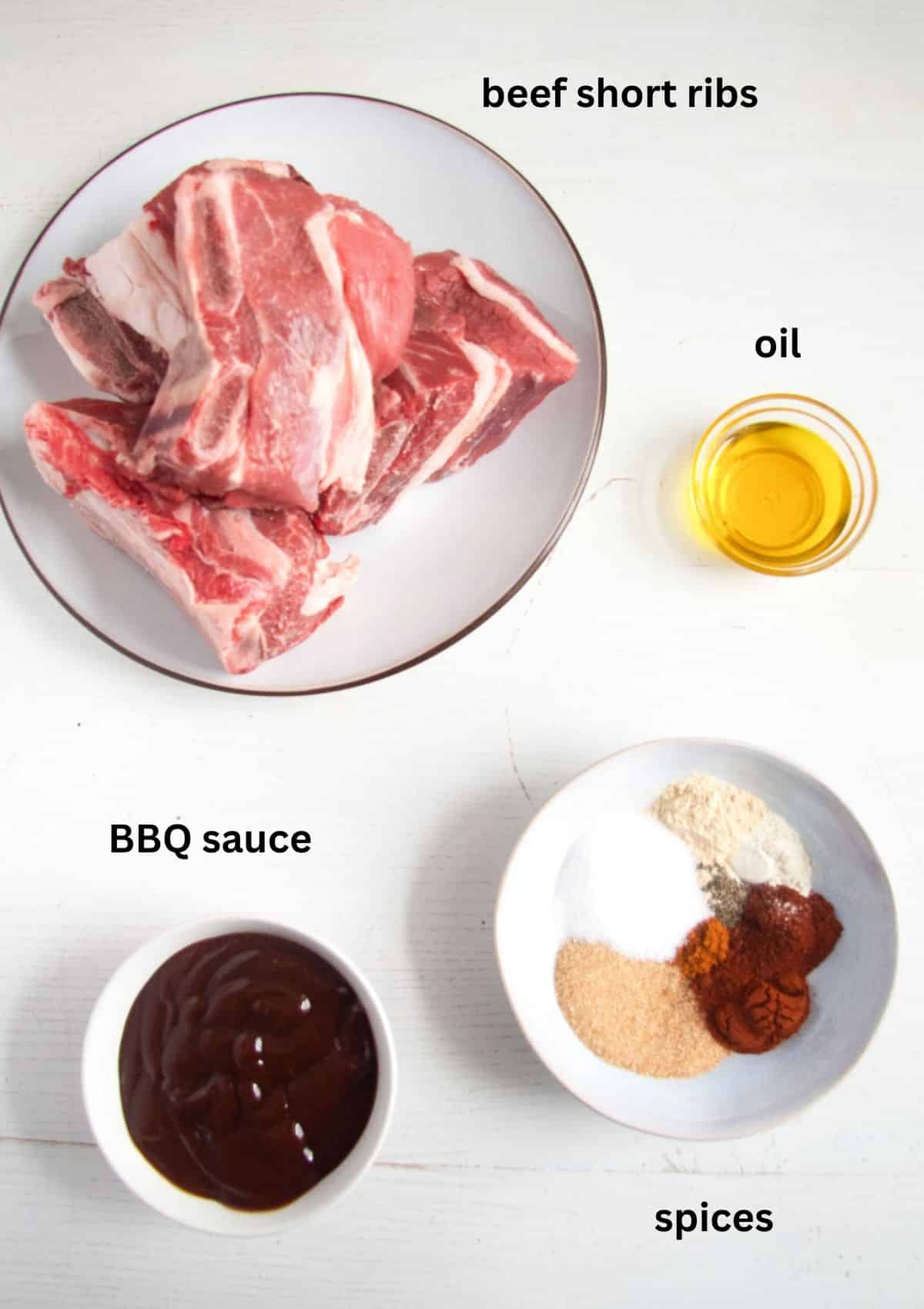 ingredients for making beef ribs in the oven with bbq sauce.