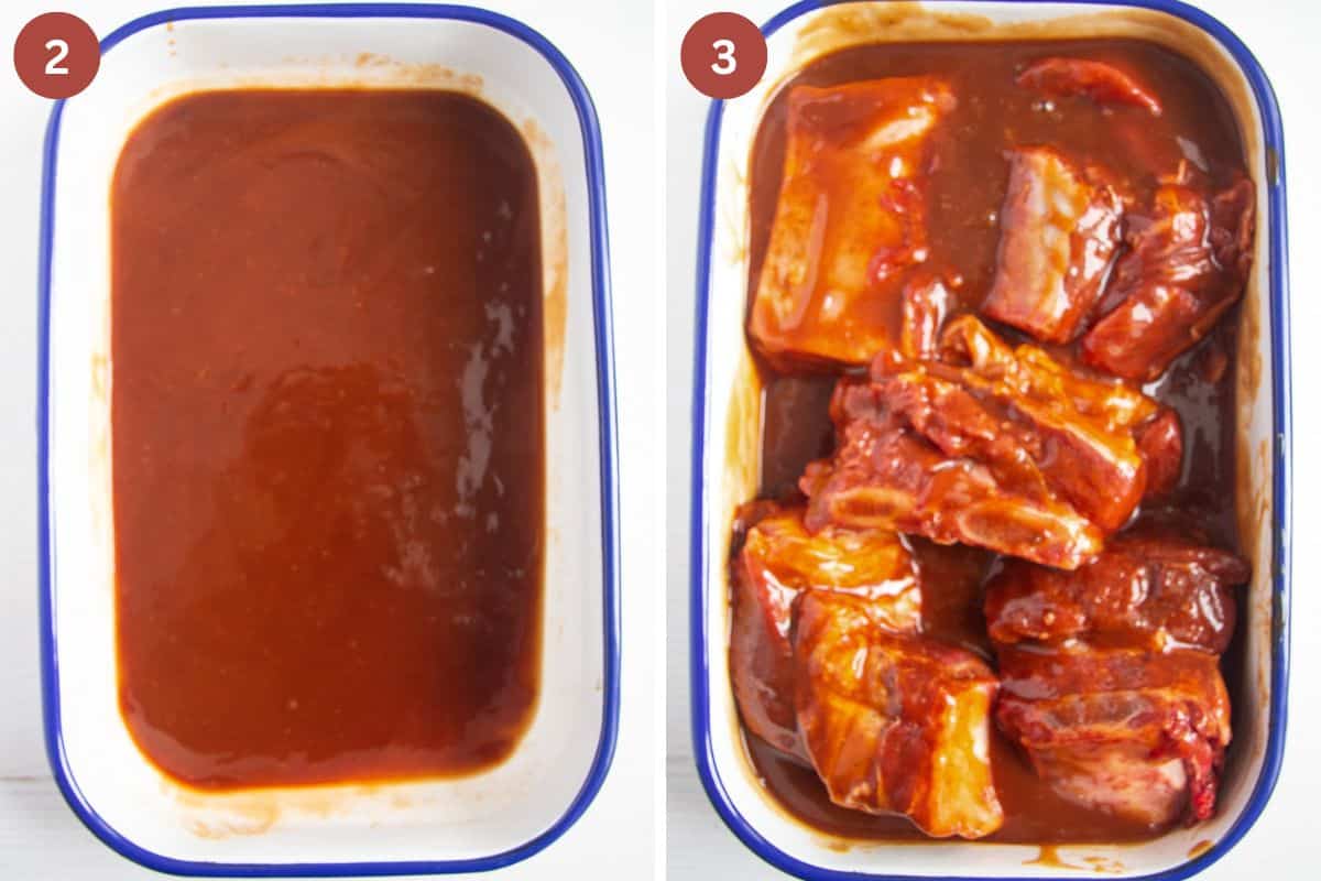 collage of two pictures of bbq sauce and beef ribs in a tin before cooking.