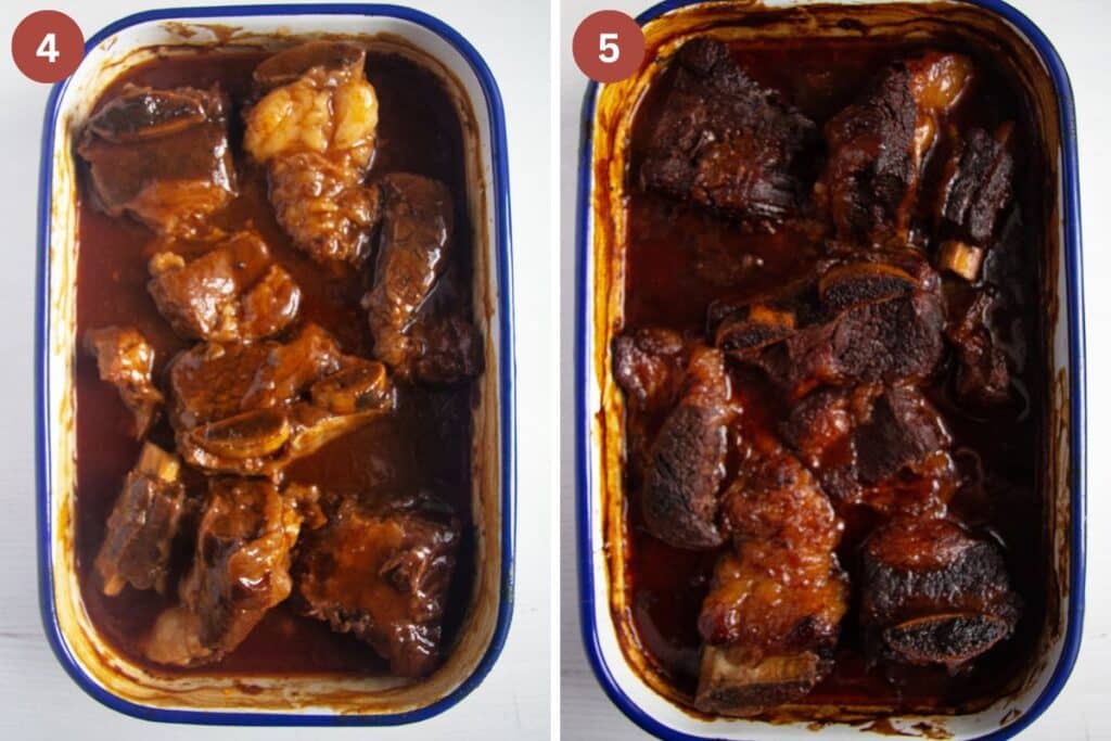 collage of two pictures of beef ribs in a roasting tin before and after caramelizing.