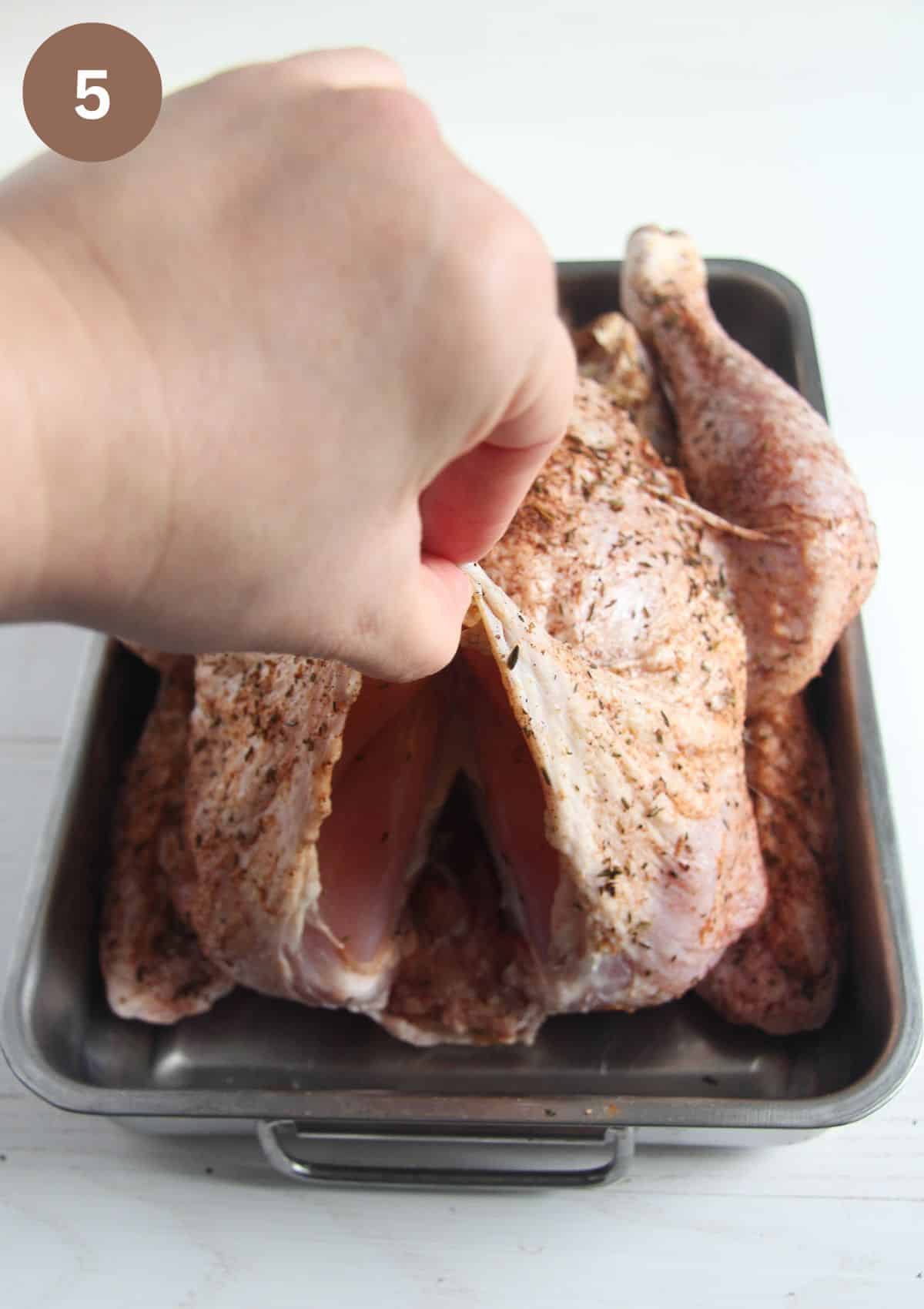 hand lifting skin from whole turkey breast to fill butter underneath.