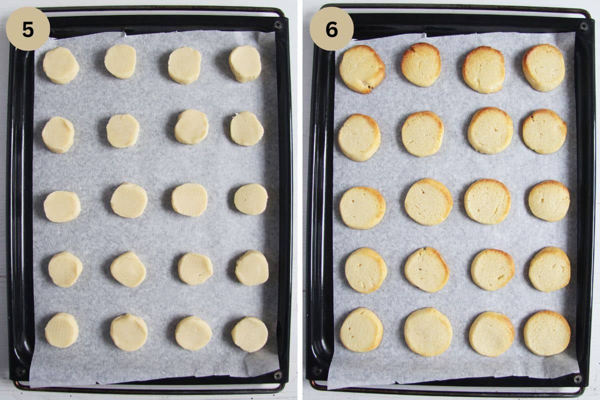 collage of two pictures of sweetened condensed milk biscuits on a baking sheet before and after baking.