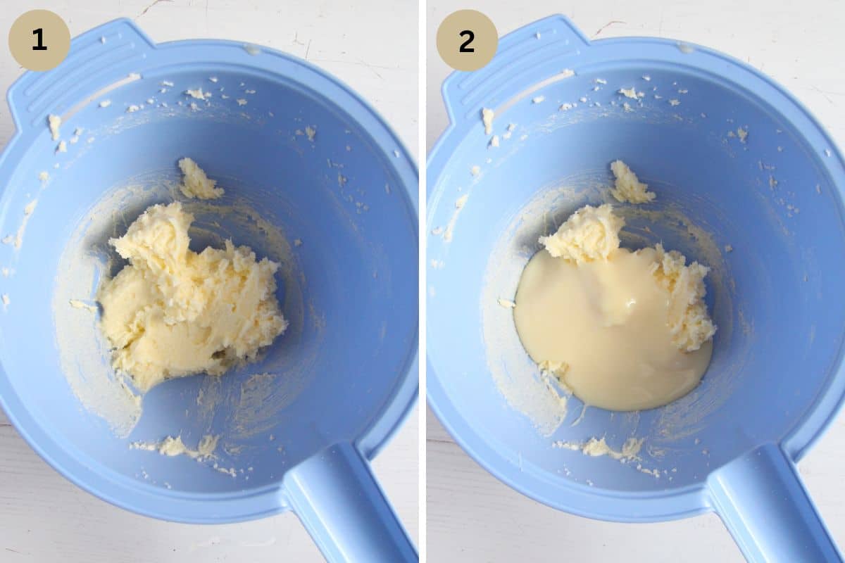 collage of two pictures of mixing biscuit dough in a blue bowl.