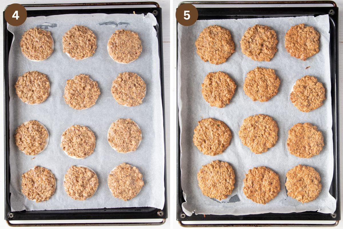 collage of two pictures of unbaked and baked german lebkuchen on a baking sheet.