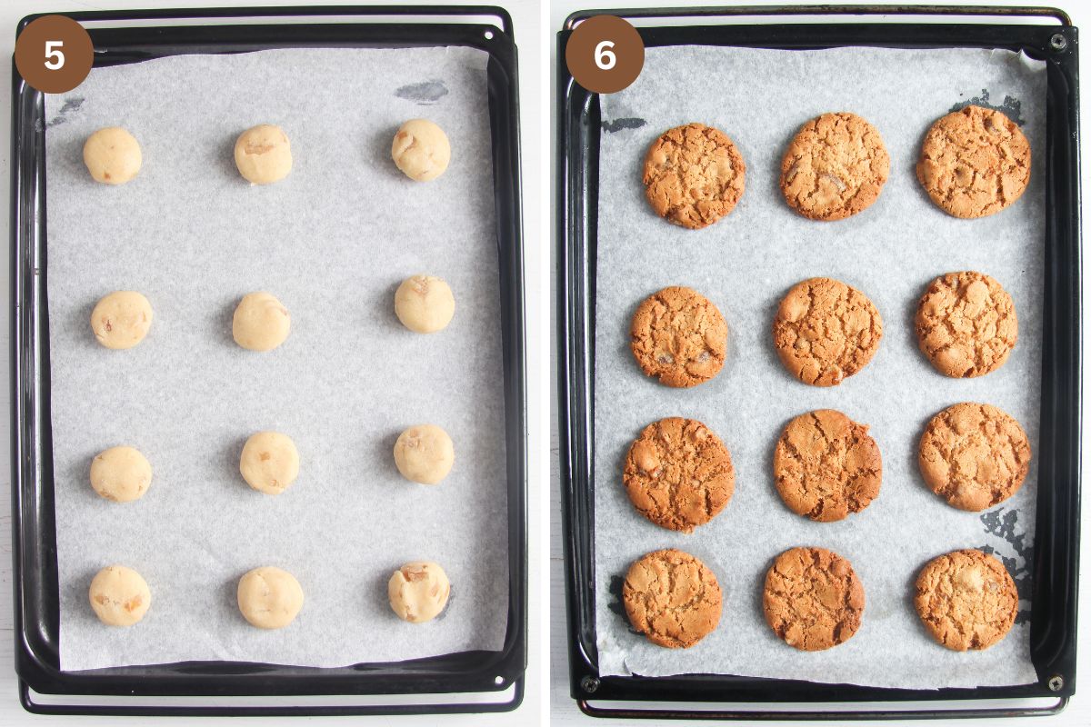 collage of two pictures of unbaked and baked gingersnaps on a tray.