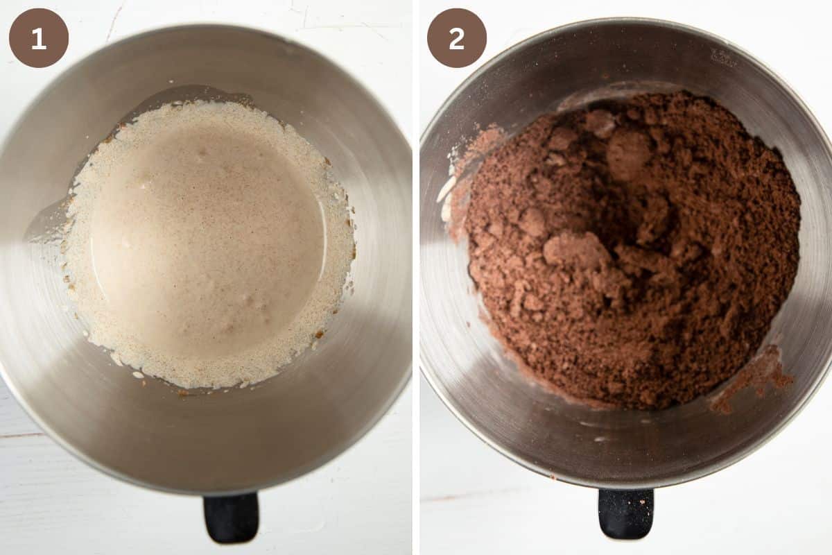 collage of two pictures of stirring dough for making chocolate cookies in a bowl.