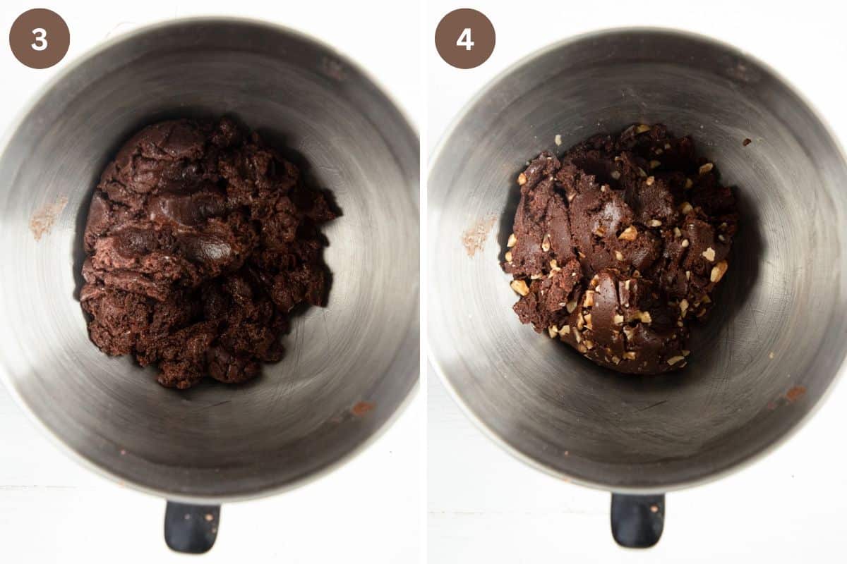 collage of two pictures of making chocolate cookie dough in a bowl.