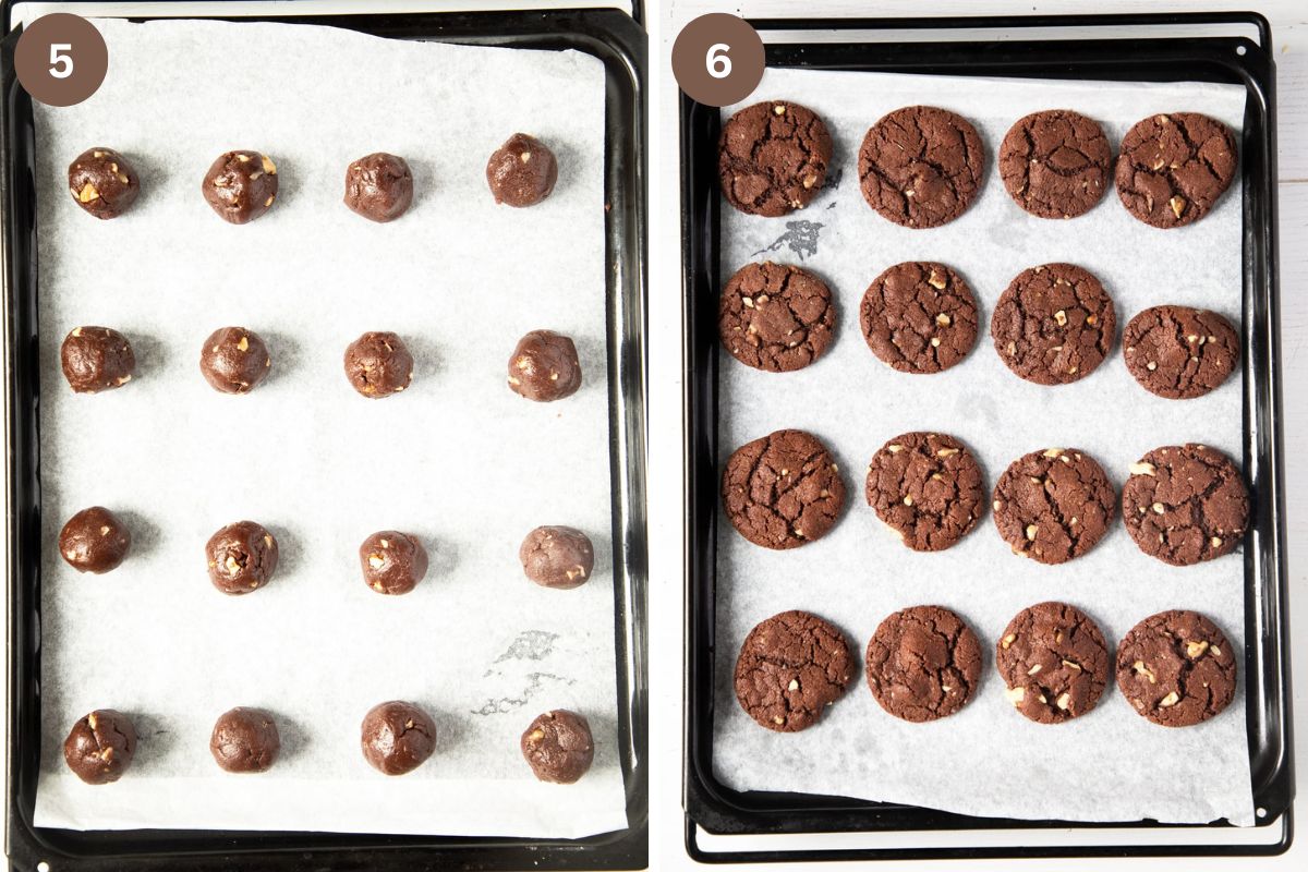 collage of two pictures of italian chocolate cookies before and after baking.