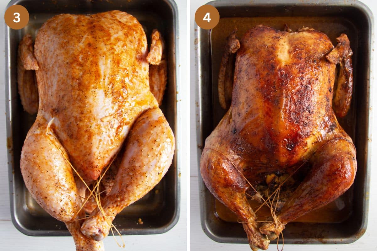 collage of two pictures of stuffed whole chicken before and after roasting.