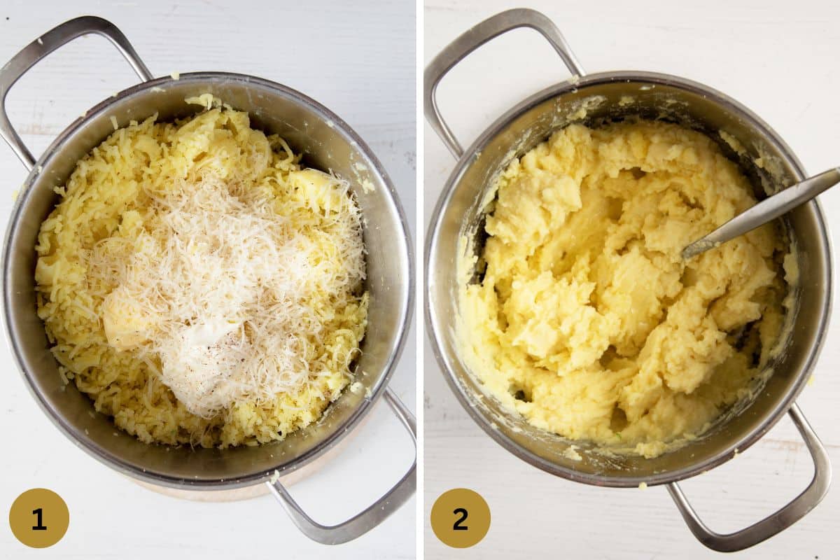 collage of two picture of mashing potatoes with cream cheese, butter and parmesan in a pot.