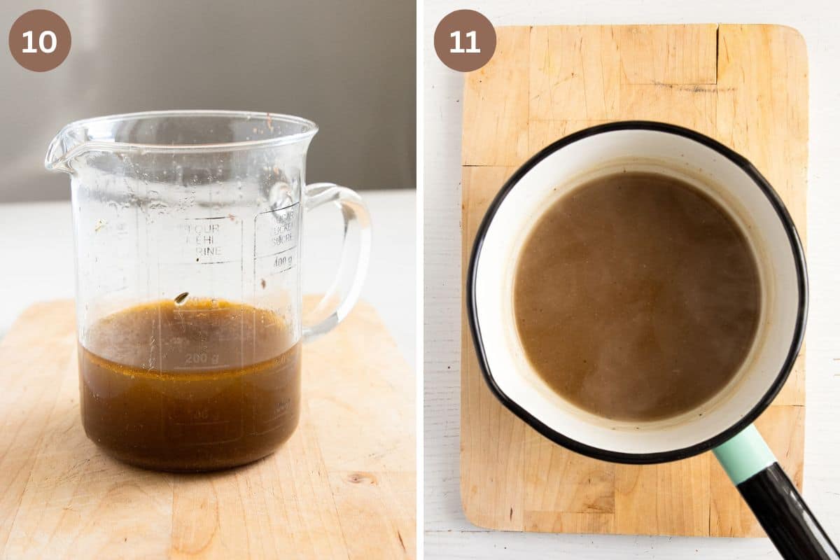 collage of two pictures of gravy in a measuring jug and then in a small saucepan on a cutting board.