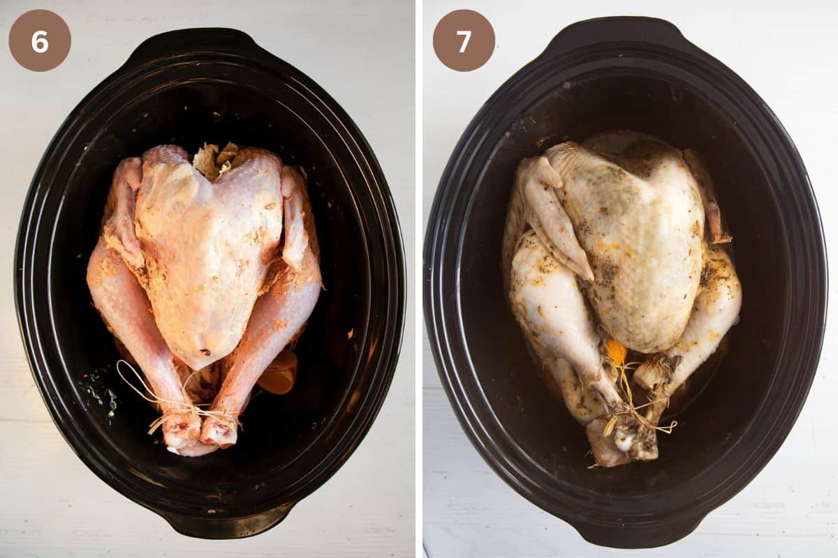 turkey before and after cooking in a slow cooker.