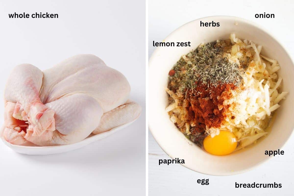 collage of two pictures of one raw chicken and the ingredients for stuffing in a bowl.