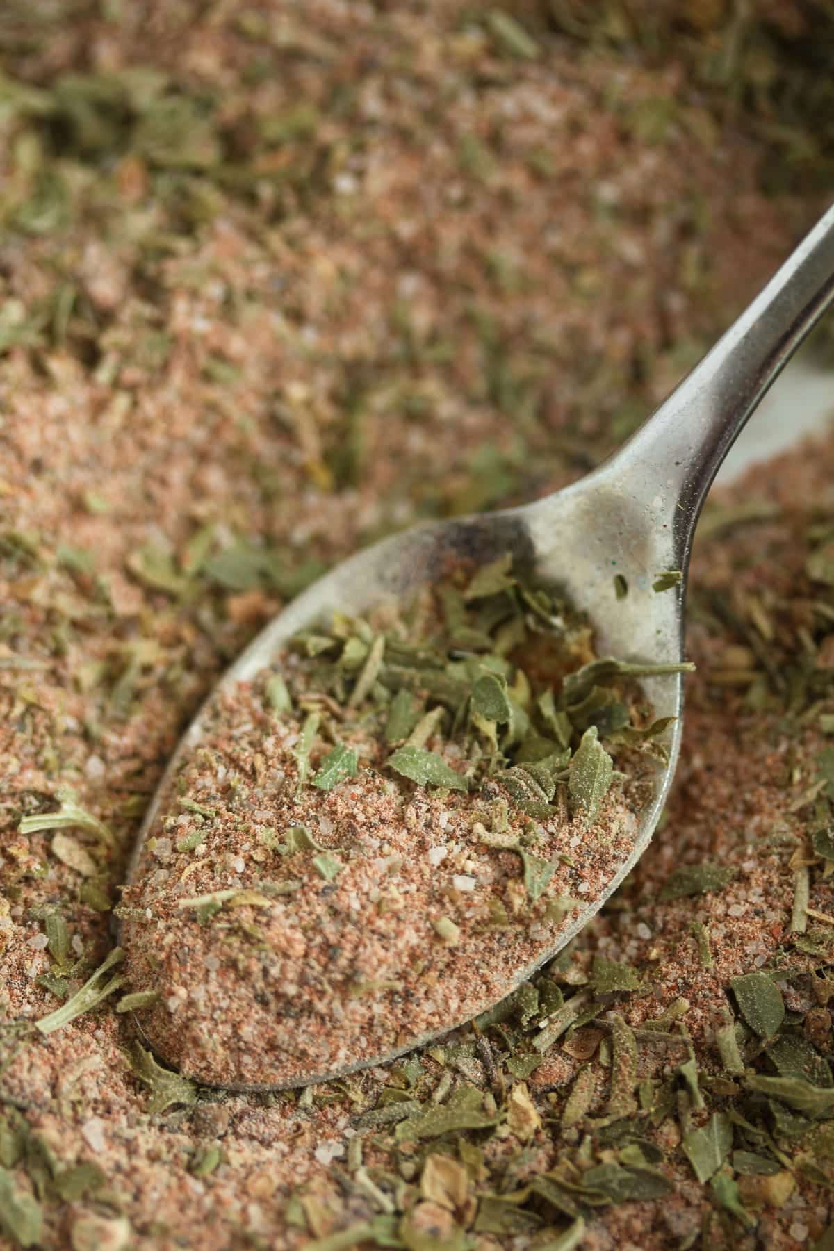 close up homemade seasoning for beef in a spoon.