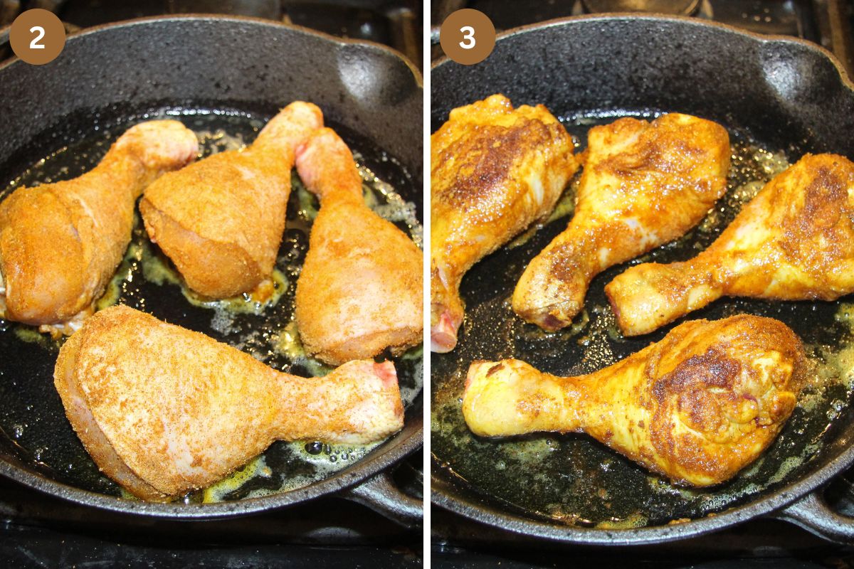 collage of two pictures of browning seasoned chicken legs in a skillet.