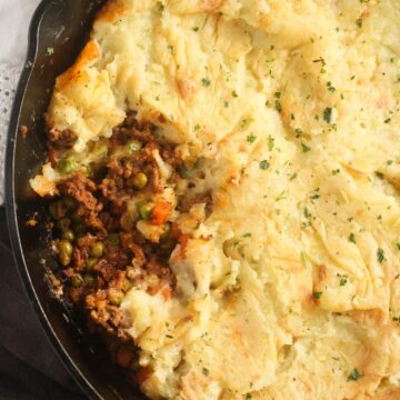 close up of a cottage pie showing the filling.