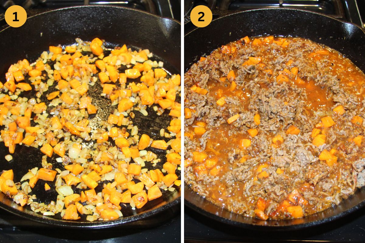 collage of two pictures of sauteing carrots and onions, then adding beef and broth.