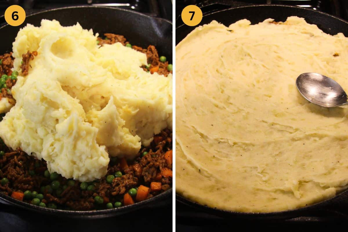 collage of two picrtures of spreading and then smoothing mashed potatoes on meat pie.