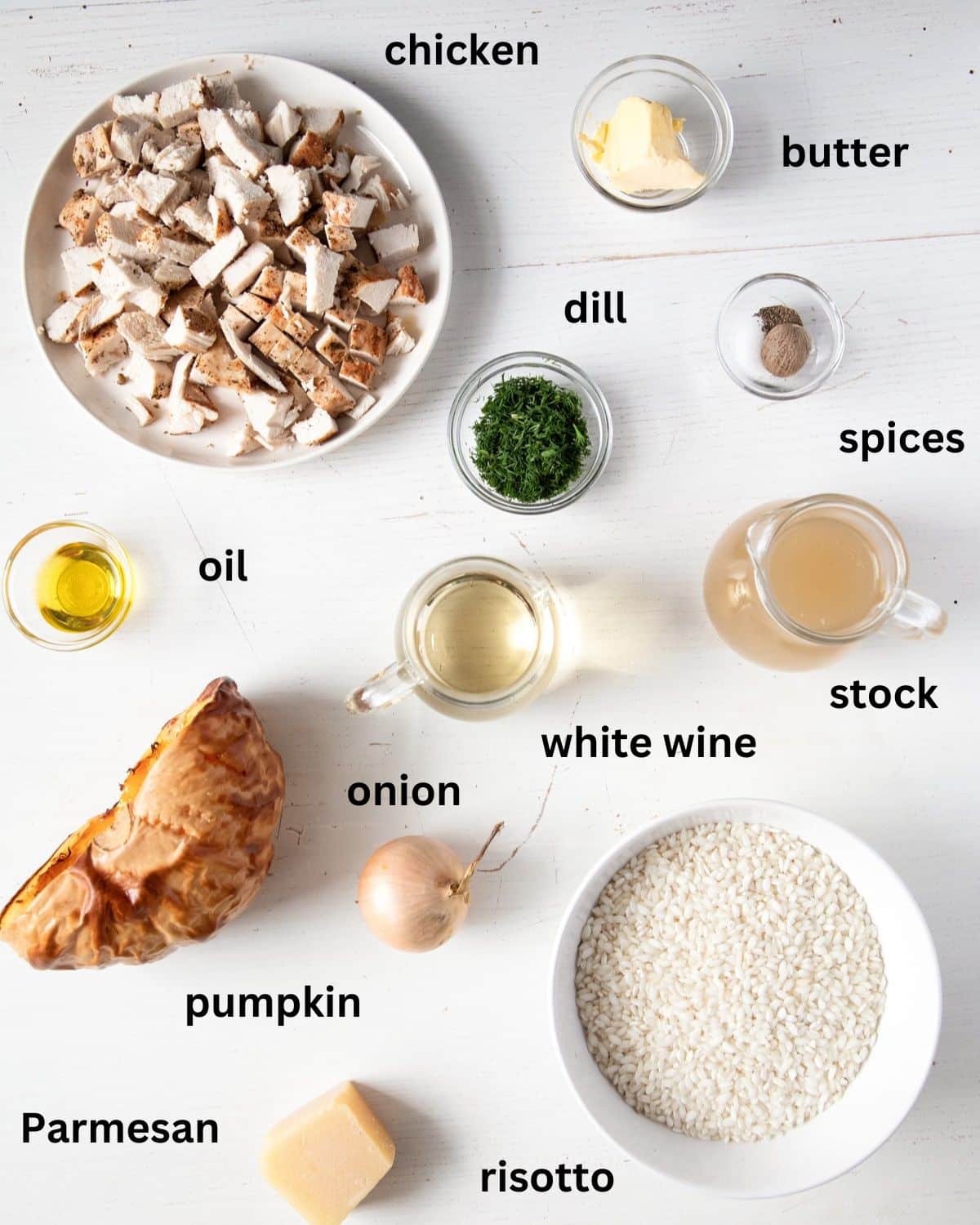 listed ingredients for risotto with cooked chicken, baked pumpkin and parmesan.