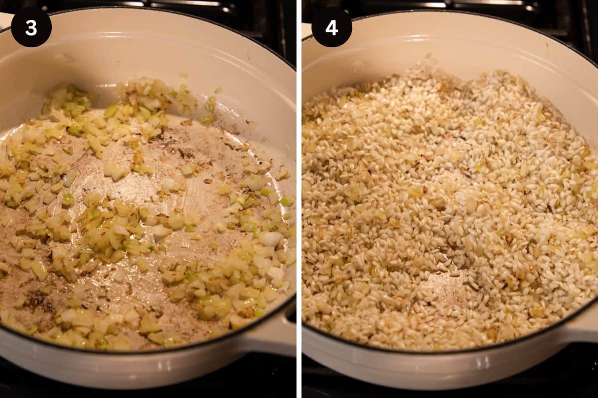 collage of two pictures of cooking onion and risotto rice in a dutch oven.