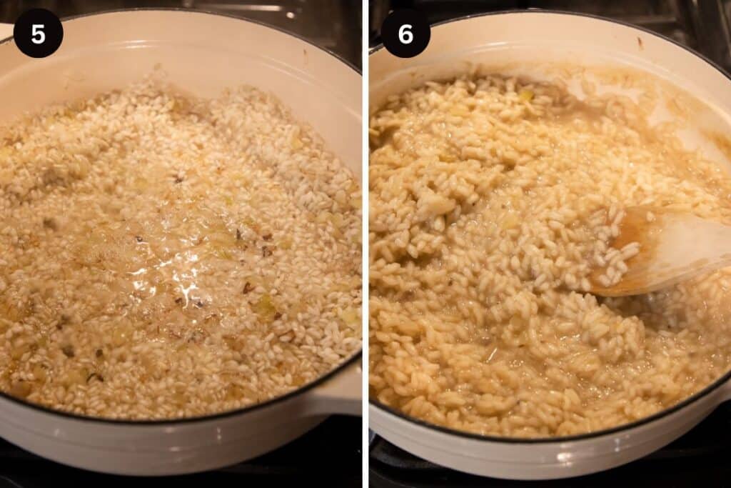 collage of two picture of cooking risotto with chicken stock in a white pot.