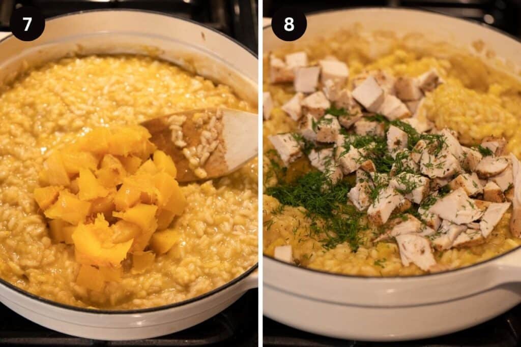 collage of two pictures of adding pumpkin cubes and chicken pieces to risotto.