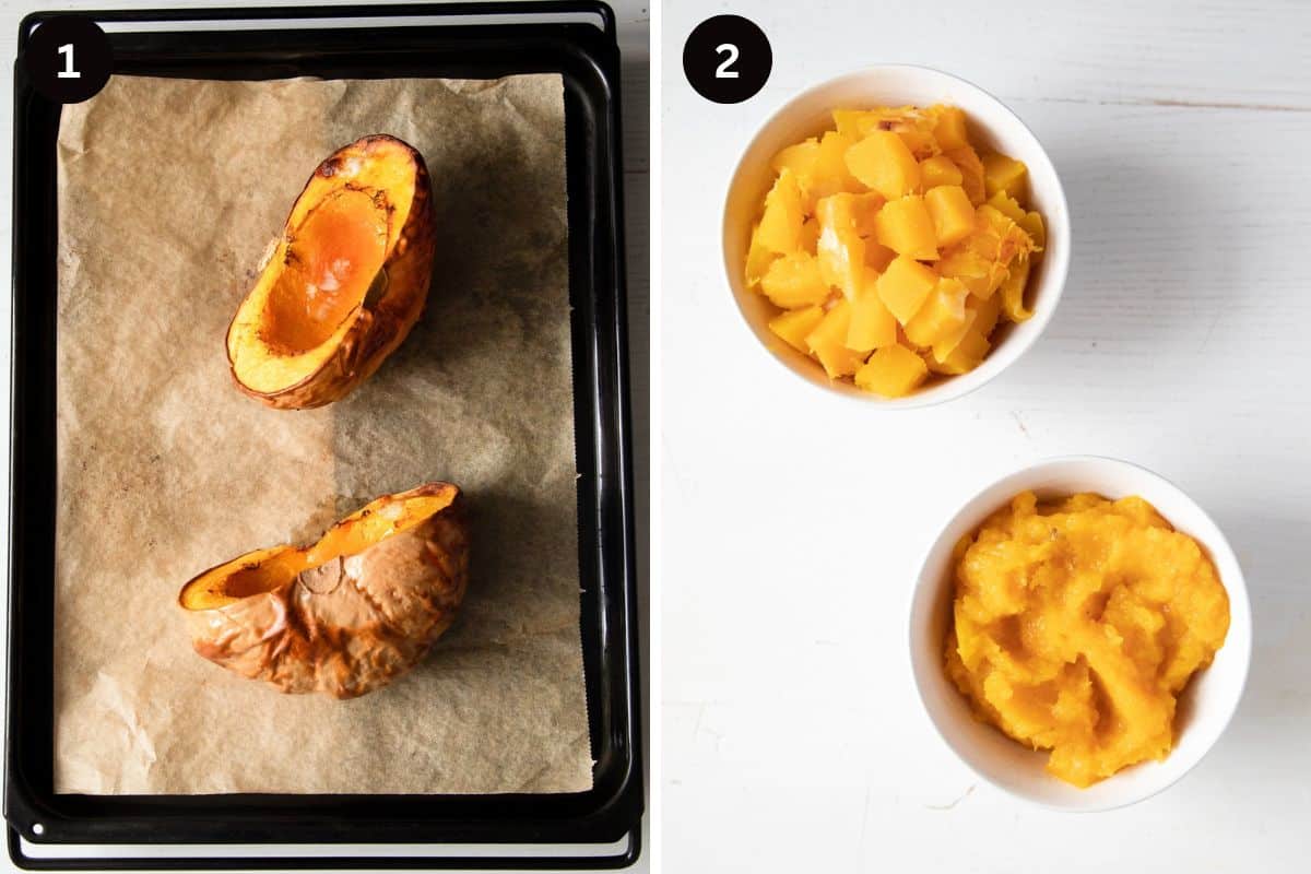 collage of two pictures of roasted pumpkin halves, pumpkin puree and cubes in bowls.