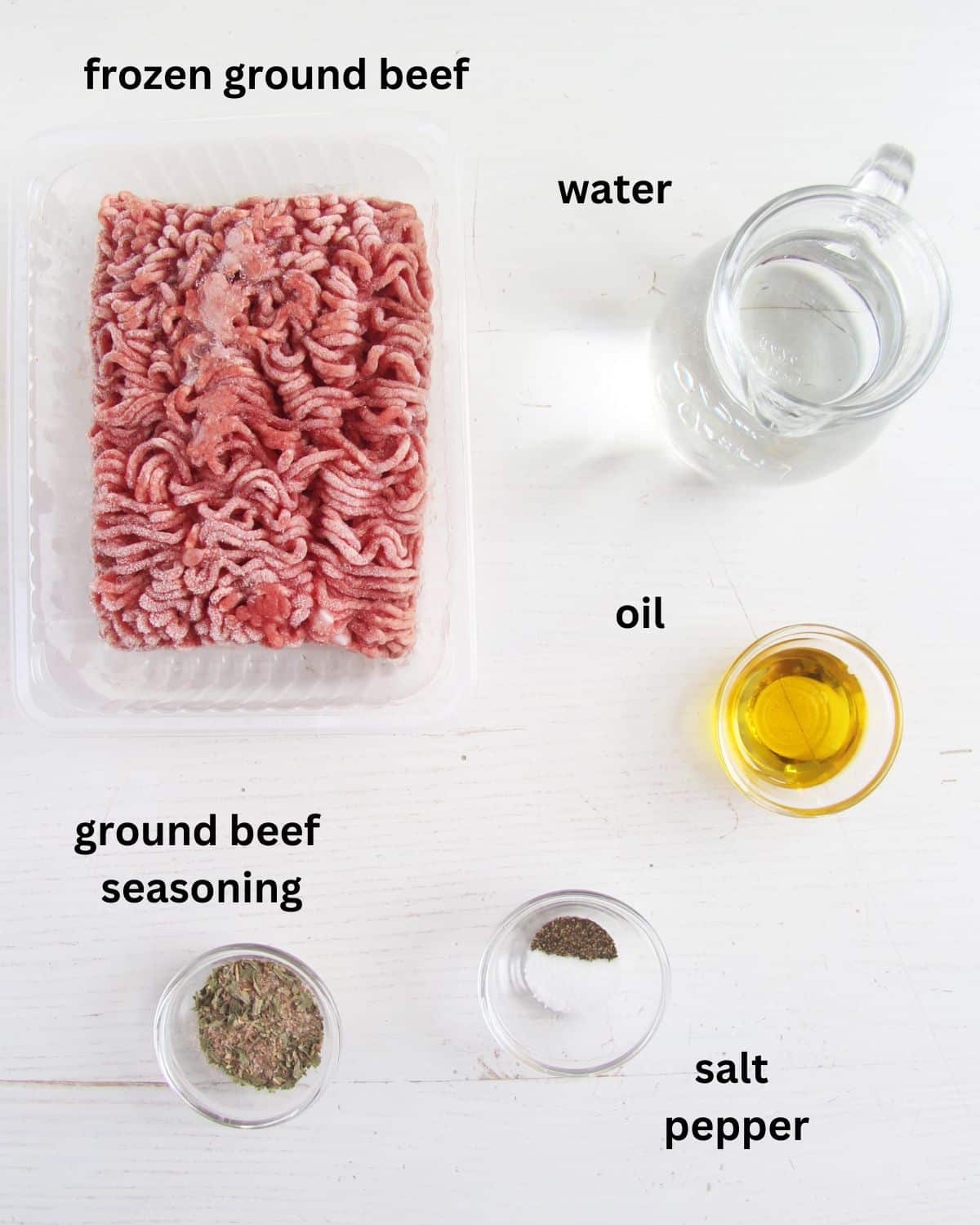 frozen ground beef, water, oil, spices in bowls.