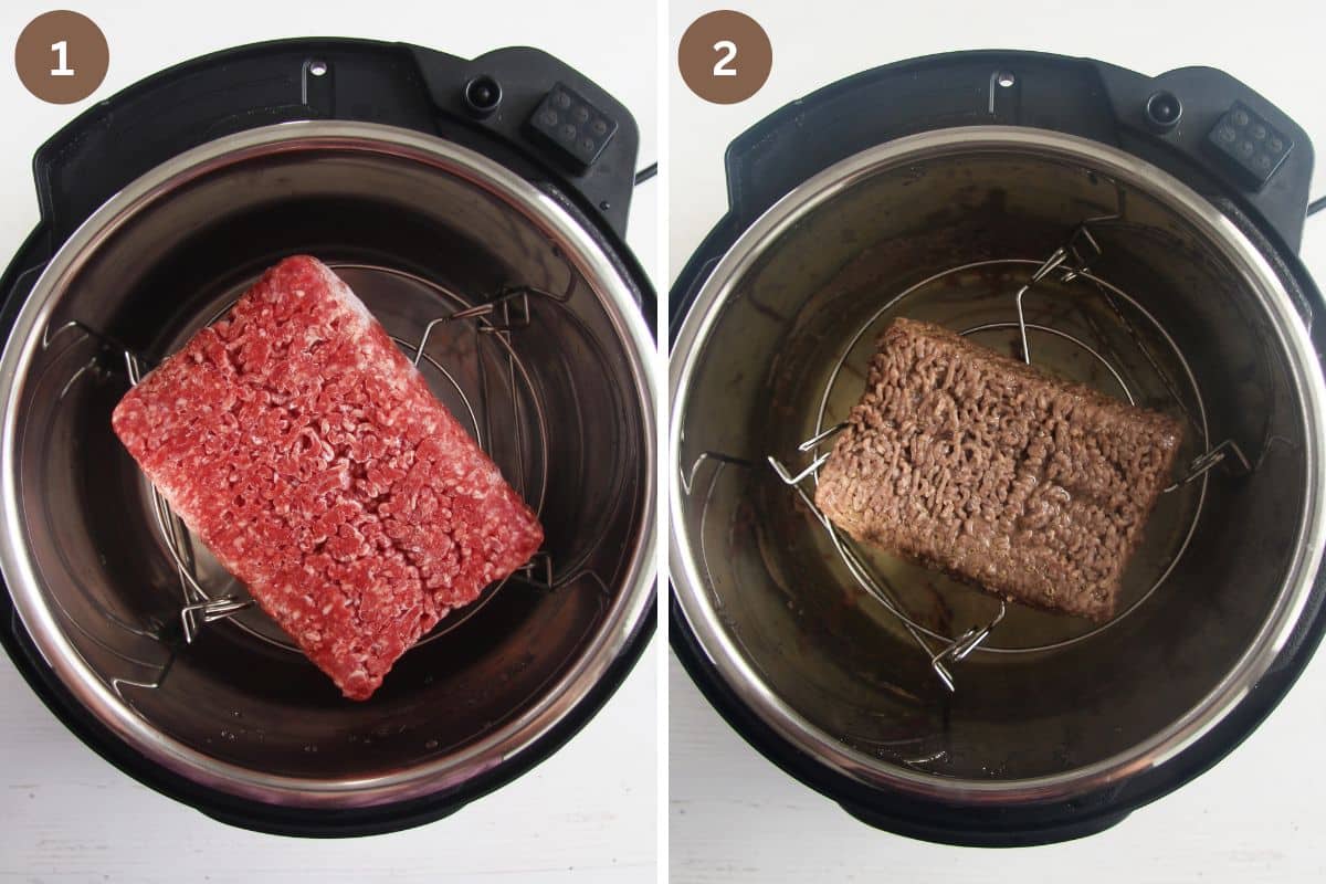 collage of two pictures of a block of frozen ground beef in instant pot before and after cooking.