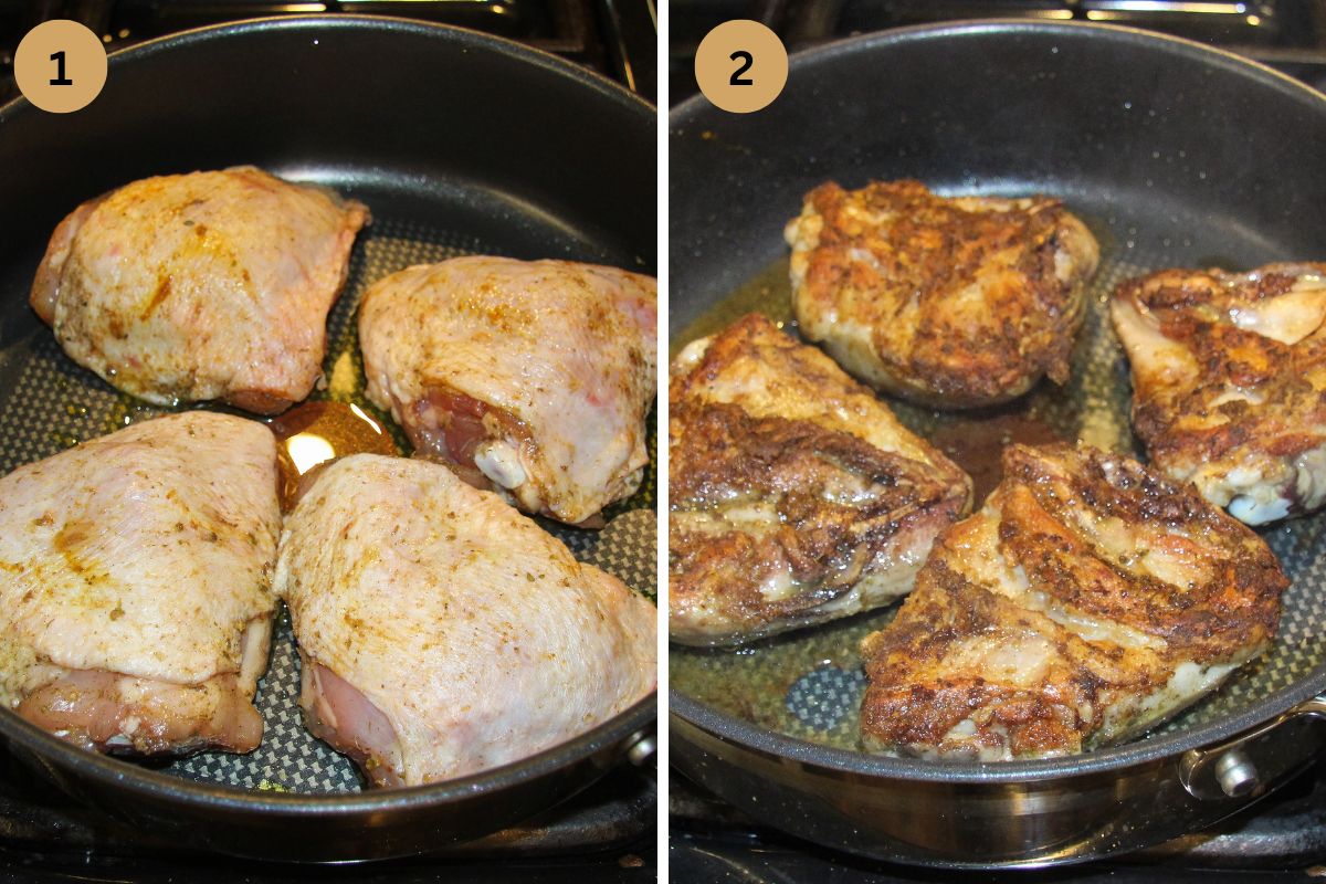 collage of two pictures of frying chicken thighs in a nonstick pan.