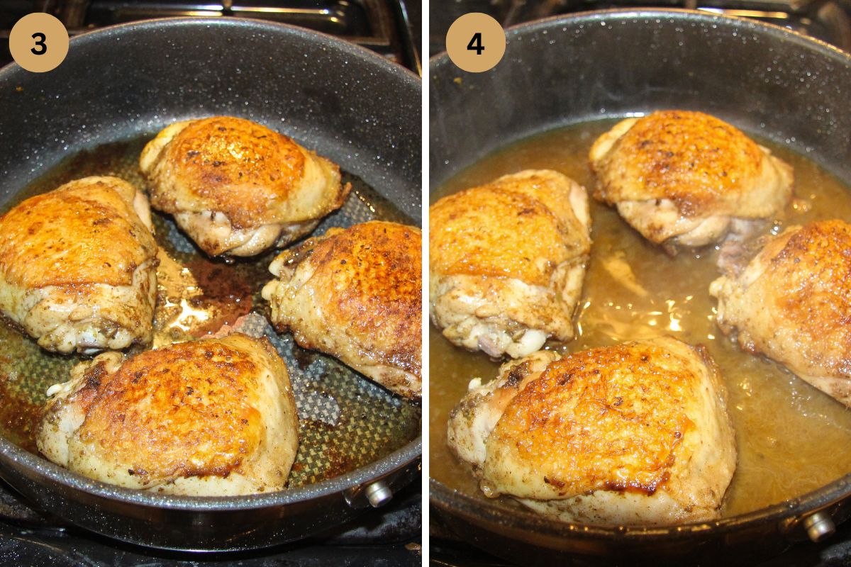collage of two pictures of pan-searing chicken thighs.